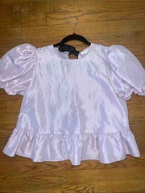 Topshop Lilac Purple Exaggerated Puff Shoulder Peplum Top Open Tie Back Sz 6